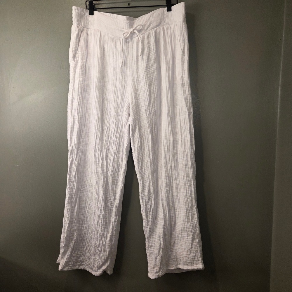 JM Collection Cotton Gauze Wide Leg Pants Drawstring Waist White Size XL